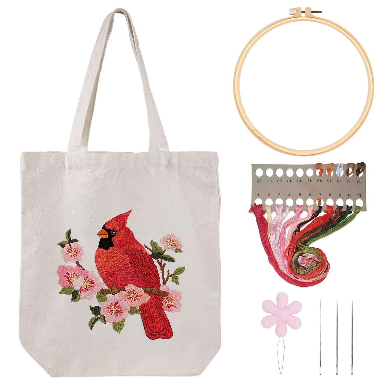 Canvas Tote Bag Embroidery Kit for Beginners,Cross Stitch Kits for Adults,DIY Needlepoint Include Cardinal Pattern,Women Shopping Reusable Grocery Bags